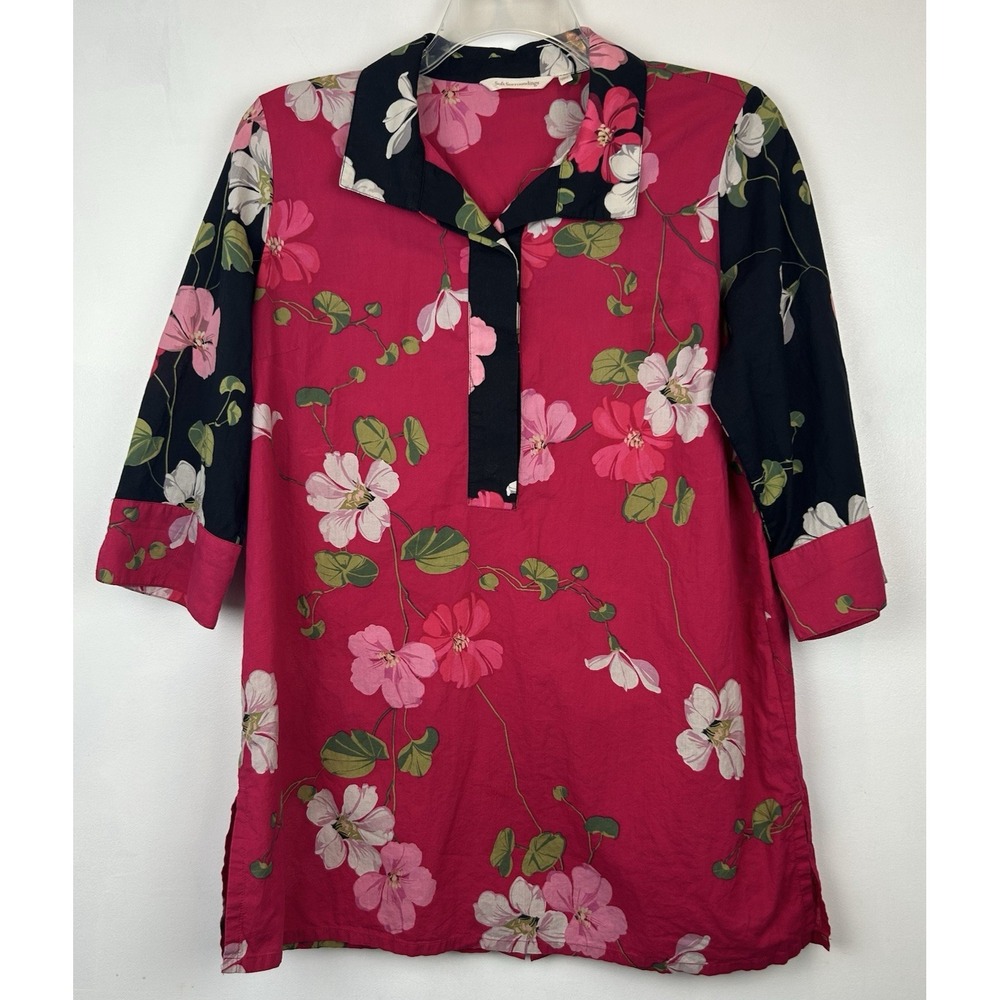 Soft Surroundings Tunic Top Women L Pink Black Floral Shirt Blouse Office Career